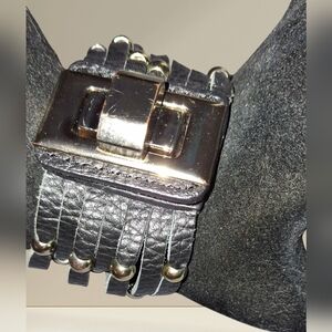 Wide Studded Sliced Black Leather, Or Faux, Bracelet Large Goldtone Clasp